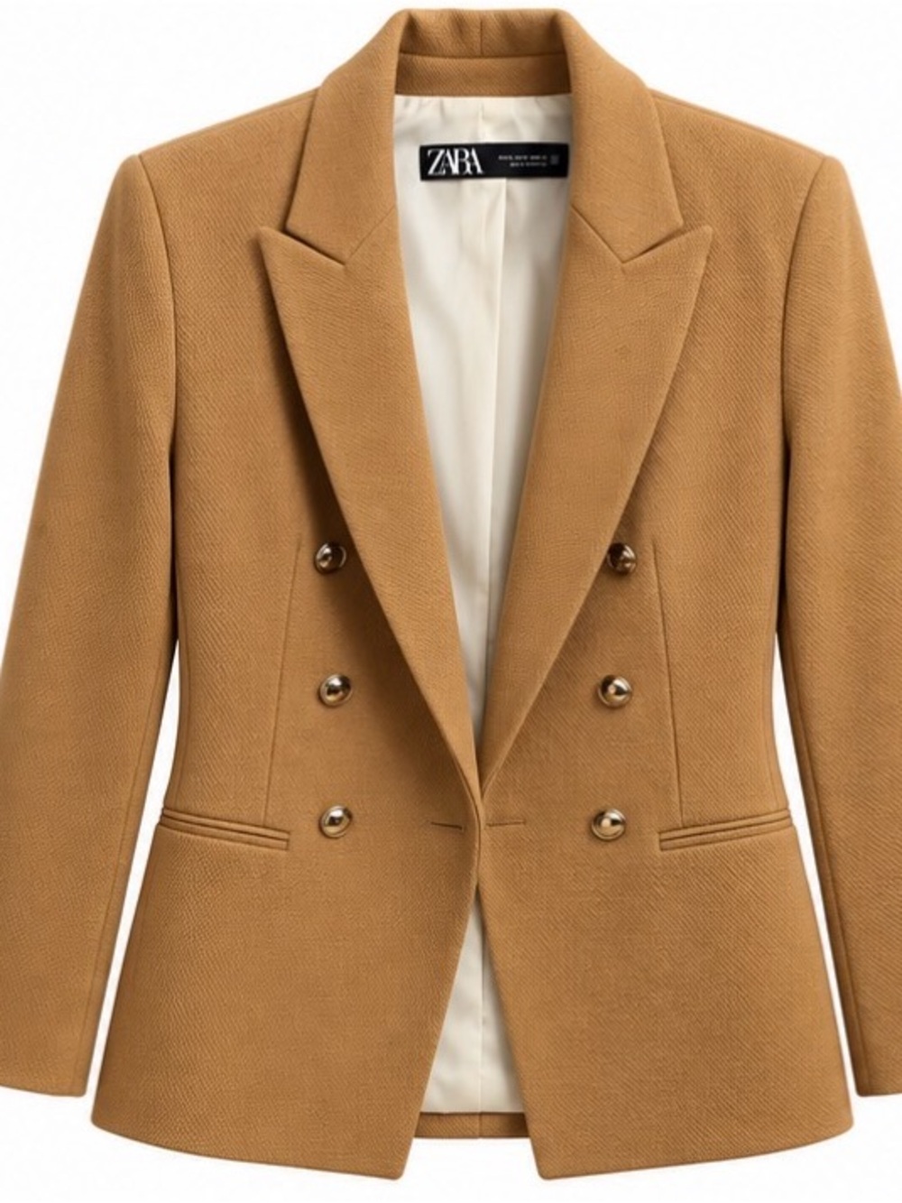ZARA Double-Breasted Tan Blazer with Gold Buttons